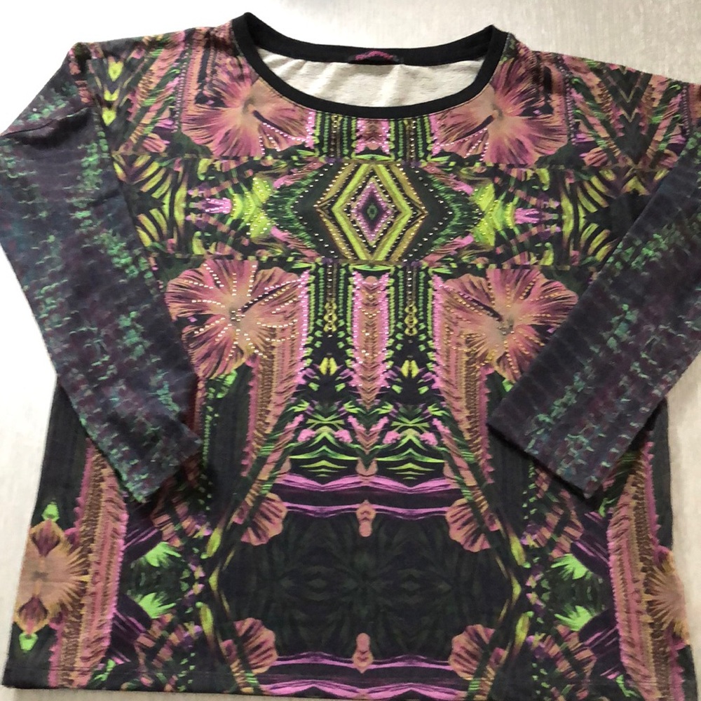Custo Barcelona Top Size 2 M or L Green Pink Multi Botanical Graphic Art Print